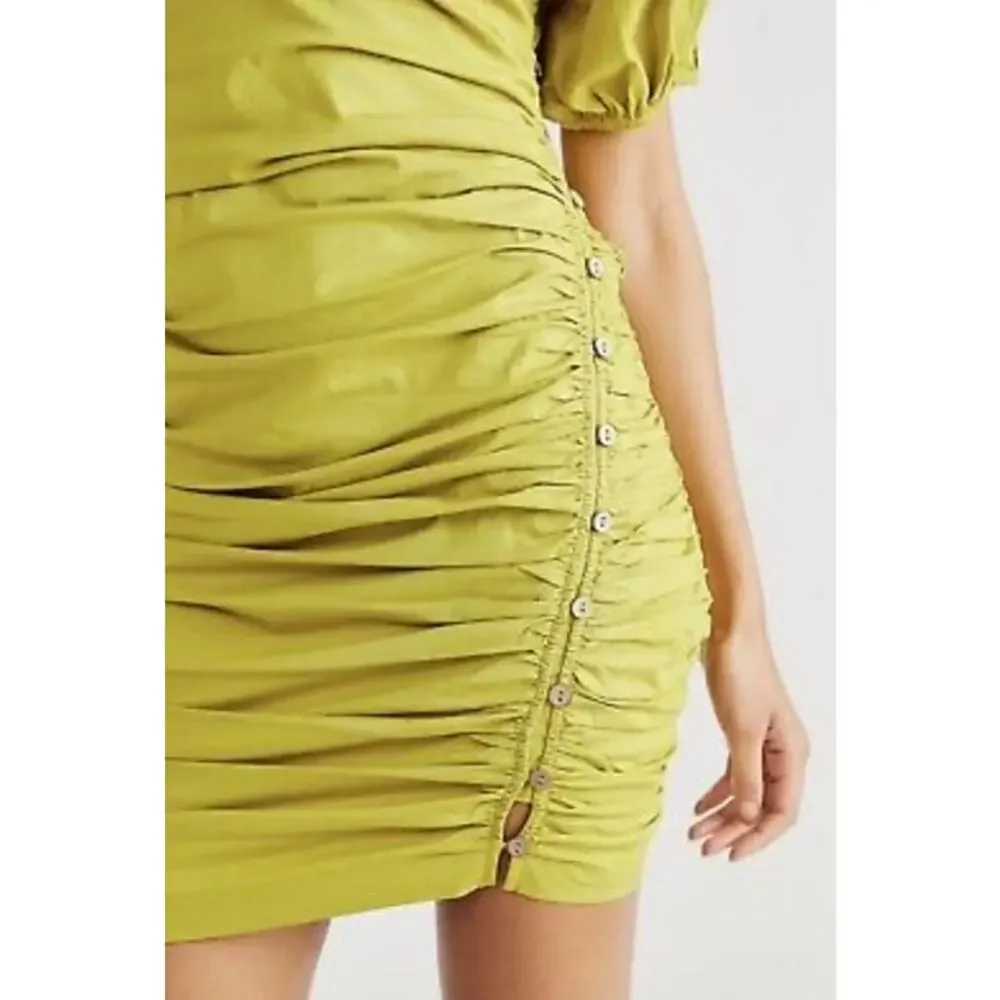 Free People Tastemaker Mini Dress Cotton Ruched Pleated Puff Sleeve Green XS